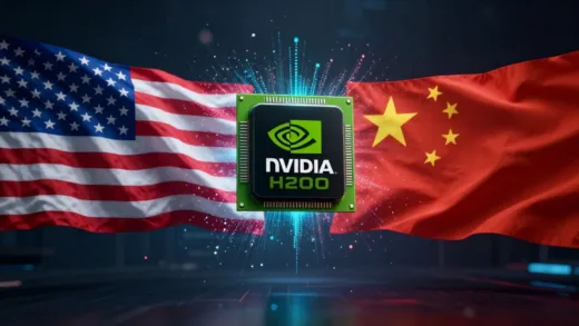 A dramatic symbolic representation of US-China technological competition with NVIDIA H200 chip floating between American and Chinese flags, digital particles flowing, cinematic lighting, futuristic technology conflict scene