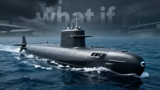 A futuristic-looking, sleek, dark grey submarine, Type XXI U-boat, emerging from deep blue, slightly turbulent water, with a dramatic, historical "what if" background suggesting a pivotal moment in World War II history. The overall mood is mysterious and powerful.
