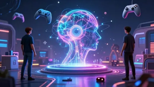 A futuristic digital landscape showing human and AI collaboration in a gaming environment, with neural networks and game controllers floating in the air, cinematic lighting, vibrant colors, symbolic representation of human-AI partnership