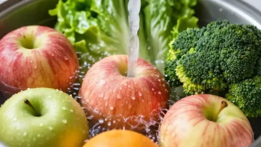 A close-up shot of various fresh fruits (apples, broccoli, lettuce) being washed under a gentle stream of running water, with tiny water droplets visible.