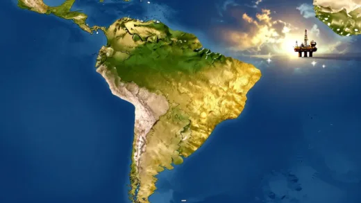 A vibrant map of South America with Guyana highlighted in gold, showing an offshore oil rig in the distance under a dramatic sky, stylized to represent a sudden discovery and a significant change in fortune. Emphasize a sense of discovery and geopolitical shift.