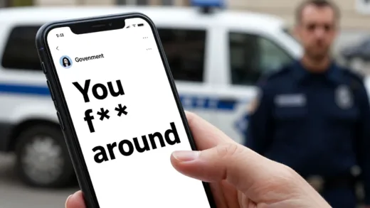 A powerful and dynamic close-up shot of a hand tapping a smartphone screen displaying a bold, provocative social media post from a government account, with a blurred backdrop of a high-security vehicle and a hint of a serious, confident person stepping out. The text on the phone should clearly display "You f*** around? I found out."