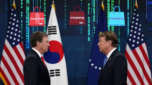 Dramatic political tension between South Korea and United States, with flags of both countries facing each other against a backdrop of digital data streams and shopping bags symbolizing Coupang controversy, serious atmosphere in a governmental setting