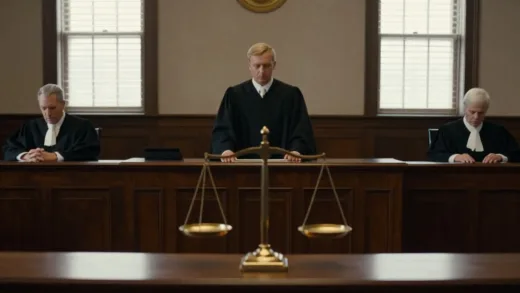 A solemn courtroom scene with judges in black robes, empty witness stand, symbolic scales of justice slightly tilted, dramatic lighting from courtroom windows, representing the tension between science and law