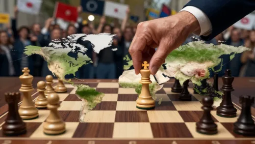 A digital art depiction of a global chess board with pieces representing nations, where a hand labeled 'Trump' moves an 'Iran' piece, subtly influencing 'China' pieces, amidst a backdrop of protesting crowds.