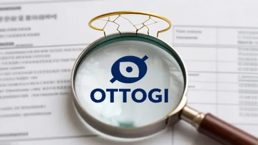 A symbolic image showing a cracked golden halo above the Ottogi company logo, with a magnifying glass focusing on financial documents in the background, representing the investigation into the once-praised company.