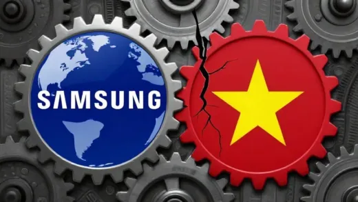 An image depicting the complex economic relationship between a large global corporation (Samsung) and a developing nation (Vietnam), with intertwined gears representing their economies and a subtle crack showing the initial signs of trouble. The image should convey a sense of dependency and potential fragility.