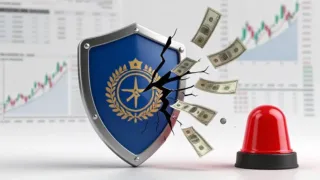 A symbolic image showing a shield representing national defense with cracks and money disappearing into thin air, against a backdrop of financial charts and a red alert sign. The overall mood is serious and urgent.
