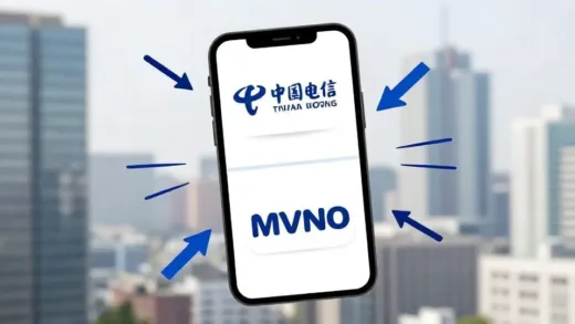 A dynamic illustration of a smartphone screen displaying both major telecom logos and a smaller MVNO logo, with energetic lines and arrows suggesting market competition and change. The background is a blurred cityscape.