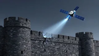 An abstract image depicting a strong, ancient fortress wall (representing the telecom Big 3) with a glowing, futuristic satellite (representing Starlink) firing a beam of light that creates a small, visible crack in the wall. The overall mood is modern and slightly dramatic.