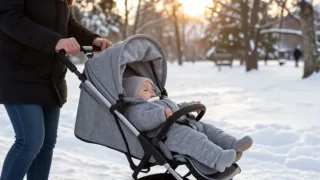 A cozy baby sleeping soundly in a stroller outdoors in a beautiful, slightly snowy Nordic park, with parents nearby, warm light, serene atmosphere.