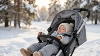 A cozy baby sleeping soundly in a stroller outdoors in a beautiful, slightly snowy Nordic landscape, with soft sunlight filtering through trees. The baby is bundled in warm, high-quality clothing.