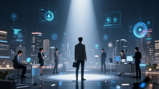 A dynamic, futuristic image depicting various aspects of AI influencing daily life and work, with a spotlight on individuals embracing new technologies amidst a cityscape. The overall mood is transformative and forward-looking.
