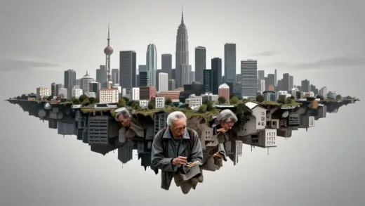 A thought-provoking image of a shrinking city or an aging society, with subtle hints of adaptation or new directions, perhaps with a background of futuristic cityscapes.