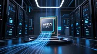 A sleek, modern data center environment with glowing AMD EPYC CPUs and Instinct GPUs, symbolizing AMD's resurgence and dominance in the data center market. Data streams flow dynamically.
