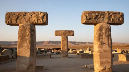 An ancient archaeological site bathed in warm morning light, revealing massive T-shaped megaliths with intricate animal carvings. The scene should evoke a sense of mystery and discovery, set in a vast, arid landscape of southeastern Turkey.