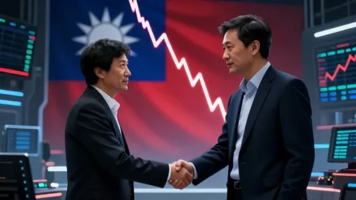A dramatic digital illustration showing Nvidia CEO Jensen Huang shaking hands with a Samsung executive in a futuristic semiconductor lab, while a stock market graph in the background crashes downward with the flag of Taiwan faintly visible, high contrast, cinematic lighting, 8k resolution.