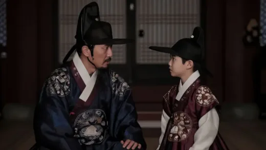 A dramatic historical painting of a Korean royal father and son in conflict, traditional Joseon dynasty palace setting, emotional tension, dark moody lighting, historical accuracy