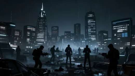 A futuristic battlefield scene with subtle digital elements representing cyber warfare and psychological operations, with Seoul's skyline in the background, night time, ominous, high-tech, digital art.