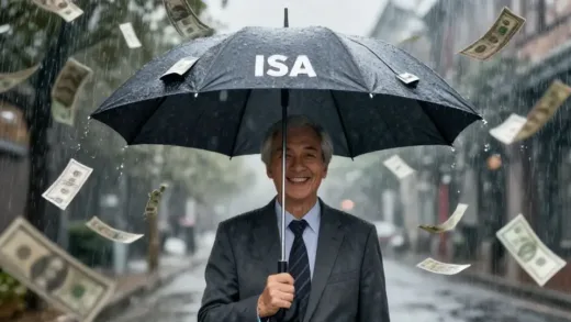 A person happily holding an ISA-shaped umbrella in a rain of money, symbolizing protection from tax. The background shows subtle hints of an aging society and a growing capital market.