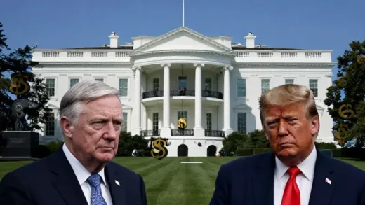 A dramatic image of a tug-of-war between a symbol of the Federal Reserve (e.g., a building with dollar signs) and a symbol of the White House (e.g., the Oval Office), with Jerome Powell and Donald Trump in the foreground looking serious.