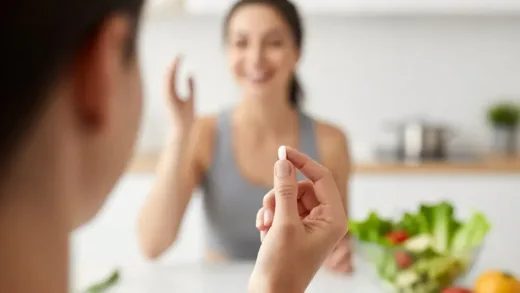 A person holding a small pill, looking hopeful, with a blurred background of a healthy lifestyle like exercising or eating salads. The overall tone is innovative and hopeful.