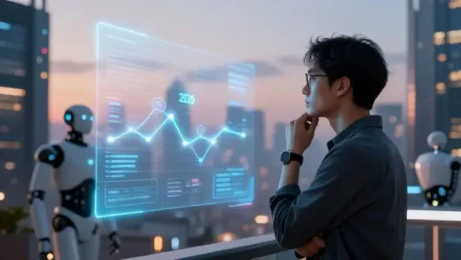 A futuristic cityscape at dusk, a thoughtful individual observing a holographic display showing a timeline with '2026' highlighted, robots in the background, a mix of wonder and strategic thinking, digital art style.