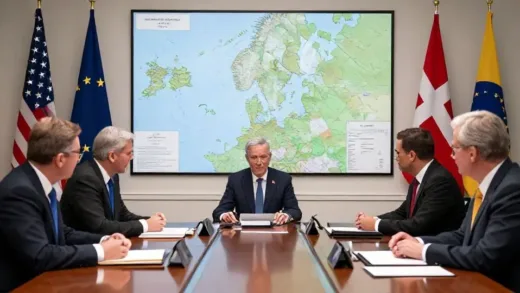 White House emergency meeting room with tense atmosphere, American and Danish diplomats facing each other across negotiation table, large map of Greenland on wall showing strategic locations