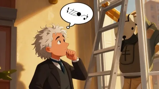 A young Albert Einstein looking thoughtfully at a window cleaner on a ladder, with thought bubbles showing free fall and gravity concepts, digital art style with warm lighting