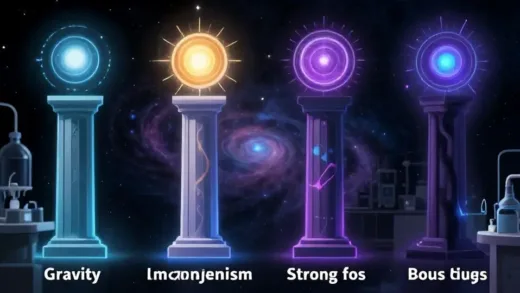 A cosmic illustration showing four pillars representing gravity, electromagnetism, strong and weak forces, with a mysterious fifth pillar emerging from shadows in a Hungarian laboratory setting