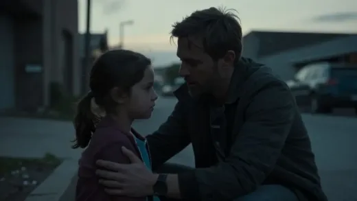 A dramatic scene of a father protecting his young daughter in a gritty urban environment at dusk, with tension and emotional connection visible in their expressions, cinematic lighting, realistic style