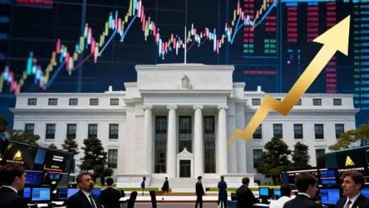 White House and Federal Reserve building with dramatic tension, stock market charts crashing in background, gold price soaring to record high, worried traders on trading floor