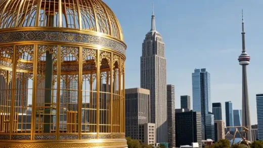 A powerful conceptual image representing 'Aghazadeh' - Persian term for privileged children of elites. Show a stark contrast: on one side, a gilded cage with Persian patterns, on the other, luxury skyscrapers of New York and Toronto. The image should convey hypocrisy and privilege.