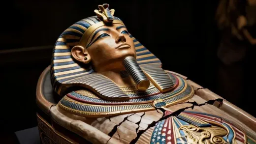 Ancient Egyptian style sarcophagus with Donald Trump's upper body carving, breaking into pieces, with American eagle and flag motifs engraved, dramatic lighting, symbolic political tension