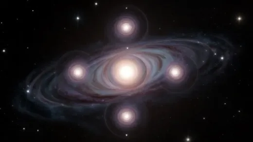 A detailed visual of gravitational lensing, showing a massive galaxy in the foreground distorting the light from a distant quasar behind it, creating four distinct images of the quasar arranged in a cross-like pattern around the foreground galaxy, known as Einstein's Cross. The background should be a deep space filled with stars and other galaxies.