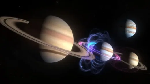 A stunning artistic depiction of Neptune forming near Saturn in the early solar system, with Jupiter and Saturn's gravitational interactions visible as swirling energy waves, showing Neptune being ejected to the outer solar system, digital art, cosmic colors, dramatic lighting
