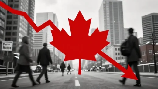 A dramatic image of a Canadian maple leaf graph line suddenly dropping into negative territory, with blurry silhouettes of people leaving, and a backdrop of modern city skylines with "For Rent" signs, conveying population decline and housing crisis.