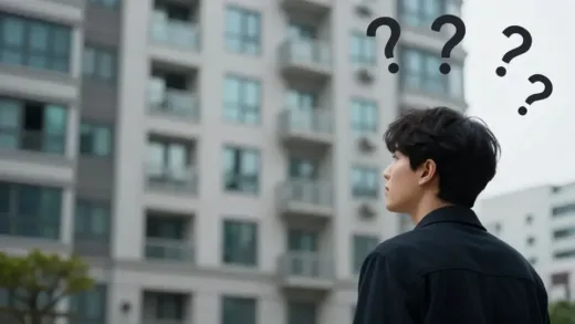A person looking thoughtfully at a blurry, expensive apartment building in Seoul, with question marks floating around it, symbolizing uncertainty about its true value. The overall mood is serious and contemplative.