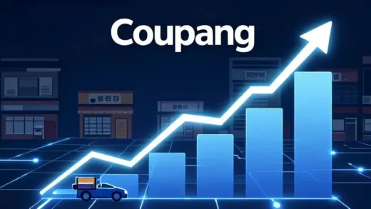 A powerful, stylized graphic showing Coupang's market capitalization rising dramatically, with traditional retail stores shrinking in the background, set against a backdrop of efficient logistics networks and glowing delivery routes in Korea, conveying dominance and impact.