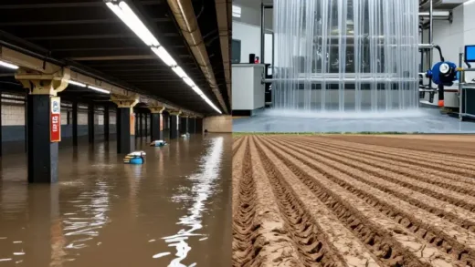 A split image showing contrasting water situations: on one side, flooded subway station in New York with pumps, and on the other, a dried-up farm in California with a motor extracting groundwater. In the background, a pristine semiconductor cleanroom with ultra-pure water flowing.
