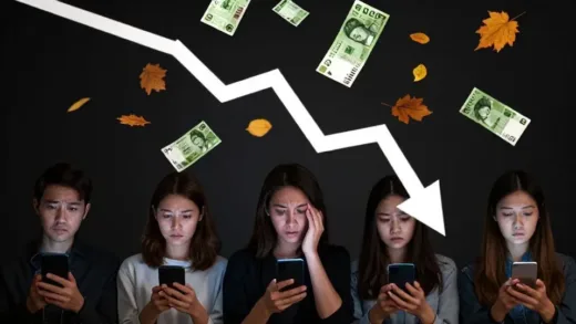 A dramatic visual of Korean won banknotes falling like autumn leaves against a dark background with a downward arrow graph showing currency devaluation, with concerned citizens looking at their smartphones showing exchange rates.