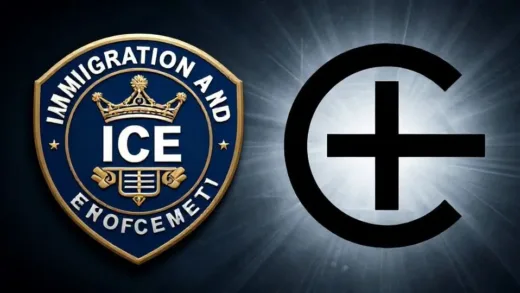 A symbolic image showing the transformation of ICE (Immigration and Customs Enforcement) - on one side a professional agency badge, on the other side a politicized symbol, with dramatic lighting contrast