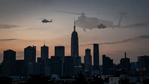 A dramatic, high-contrast image of a city skyline at dawn, with a subtle overlay of military helicopters or special forces silhouette, conveying tension and mystery.