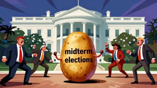 A highly stylized political cartoon showing a hot potato representing "midterm elections" being juggled by various political figures, with a looming shadow of the White House in the background, vibrant and dynamic colors.