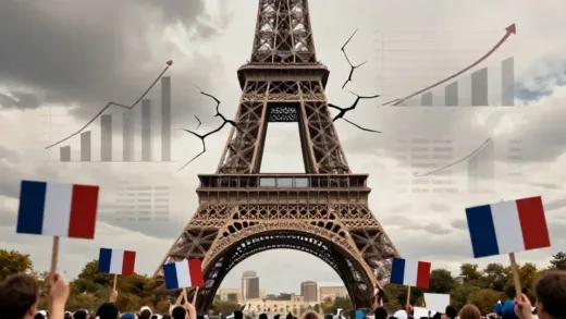 A dramatic illustration showing the Eiffel Tower with cracks appearing in its structure, symbolizing France's economic crisis, with protestors holding signs in French on the streets below, against a backdrop of rising inflation graphs and aging population statistics.