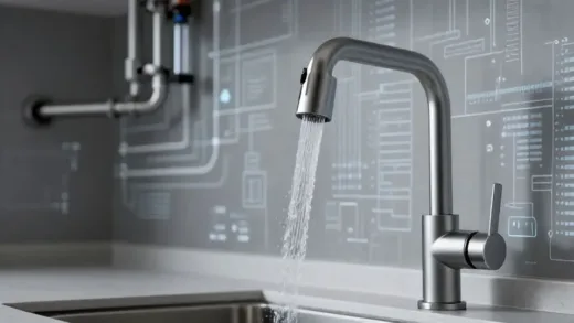 A clear, refreshing stream of water flowing from a modern faucet in an urban kitchen, with a subtle overlay showing a complex network of pipes and smart city infrastructure in the background, representing the hidden journey of water.