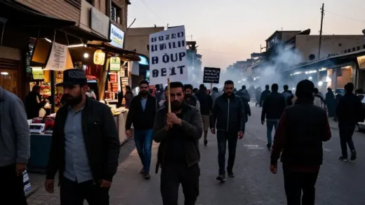 A chaotic street scene in Iran with people protesting, some holding signs, traditional market stalls in the background, showing signs of economic hardship and public unrest. Dusk setting, some smoke in the distance. Realistic, cinematic.