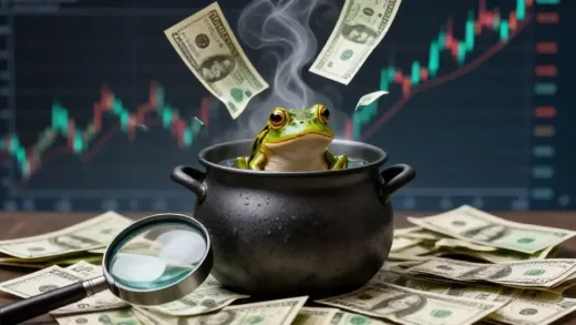 A frog slowly being boiled in a pot, with rising stock market charts in the background. A magnifying glass is on a diminishing pile of dollar bills. Korean Won currency is seen falling apart. Conceptual image of illusion and hidden danger in economy.