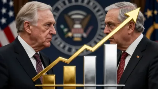 Gold and silver prices surging dramatically, a graph showing a sharp upward trend, with a backdrop of a tense confrontation between a president and a central bank governor, symbolizing economic and political turmoil.