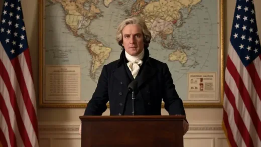 A dramatic historical scene showing James Monroe delivering a speech in the White House, with 19th century American flags and maps of the Americas in the background, symbolizing the Monroe Doctrine declaration